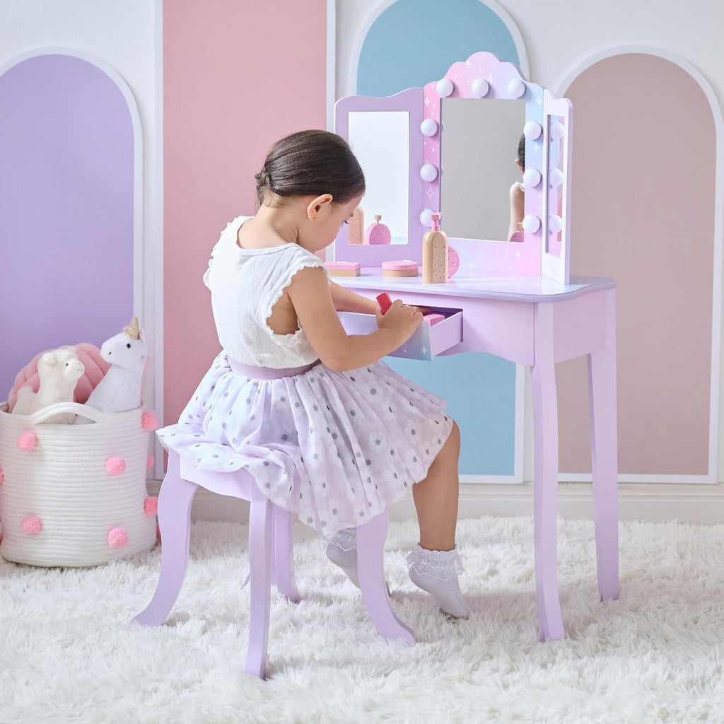 Teamson Kids Stardust Print Gisele Medium Vanity with LED Lights & Touch Sensor Mirror, Storage Drawer for Kids Pretend Play, Purple Elegant Dressing Table Set with Stool for Toddlers & Girls Ages 3+