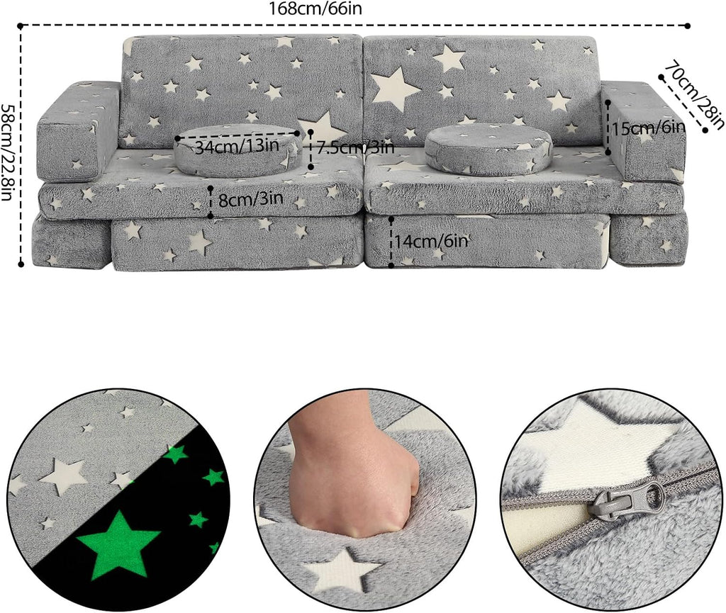 Kids Couch Sofa 12 Pcs Modular Star Glow in The Dark, Convertible Fold Out Foam Couch for Boys and Girls, Playroom Bedroom Furniture, Grey