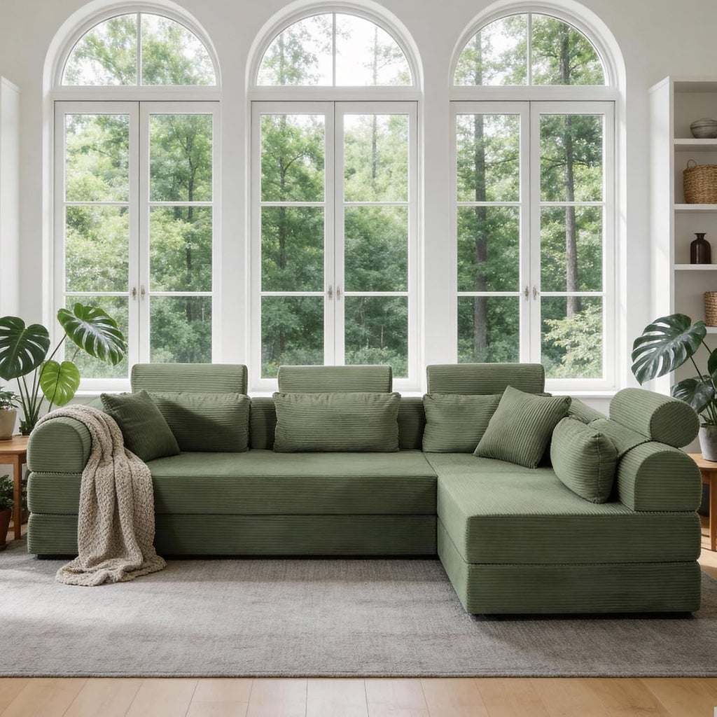 KEIKI 6-in-1 Folding Convertible High Back Sofa Sleeper, 106' Oversized Modular Sectional Corduroy Upholstered L Shape Couches for Living Room, Deep Cushion for Open Concept Living, Grayish Green