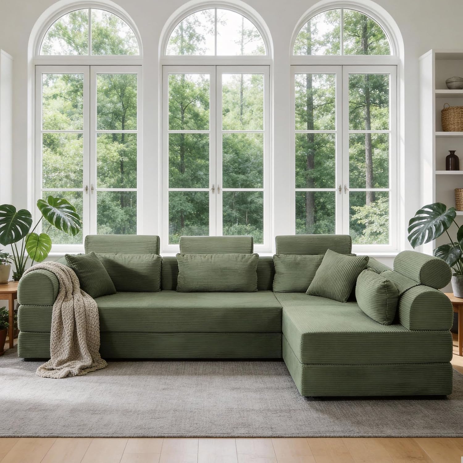 KEIKI 6-in-1 Folding Convertible High Back Sofa Sleeper, 106' Oversized Modular Sectional Corduroy Upholstered L Shape Couches for Living Room, Deep Cushion for Open Concept Living, Grayish Green