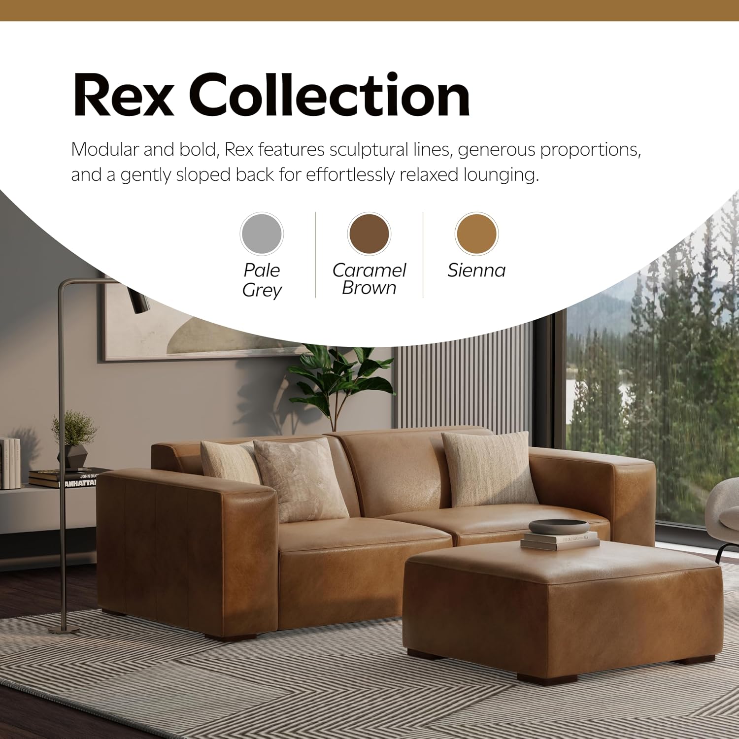 SIMPLIHOME Rex Ottoman - 34 inch Wide Upholstered Genuine Leather Square Ottoman in Caramel Brown, Modern Bench for Living Room or Bedroom with High-Density Cushion, Assembled