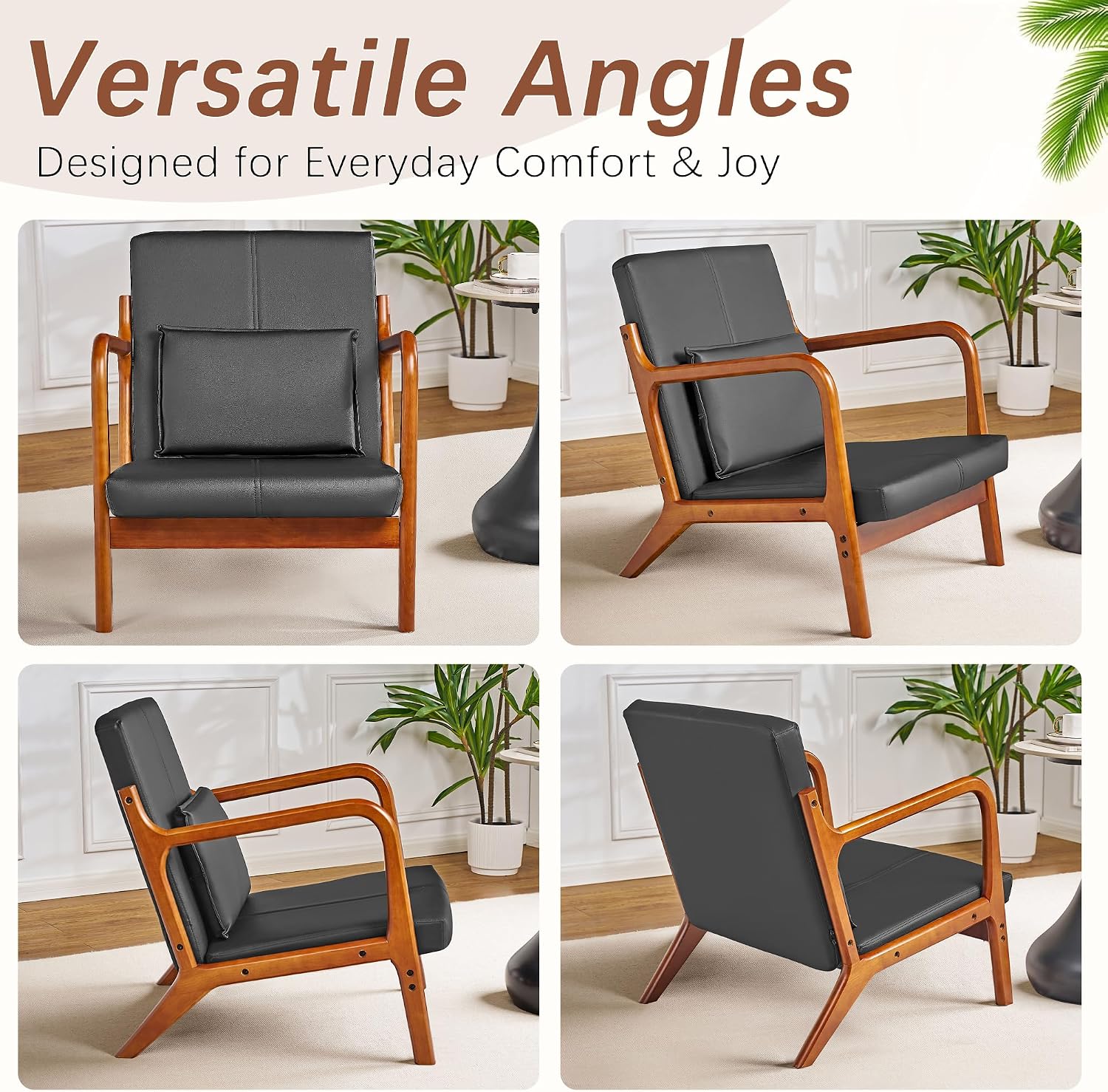 VECELO Mid-Century Modern Accent Chair with Faux Leather Cushion & Solid Wood Frame, Lounge Armchair for Living Room, Bedroom, Office, Black