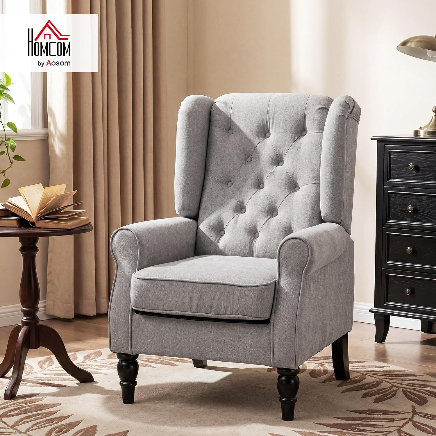 HOMCOM Mid-Century Modern Accent Chair, High Wingback Reading Chair, Button-Tufted Upholstered Fabric Armchair with Retro Wood Legs for Apartment, Living Room, Bedroom, Gray
