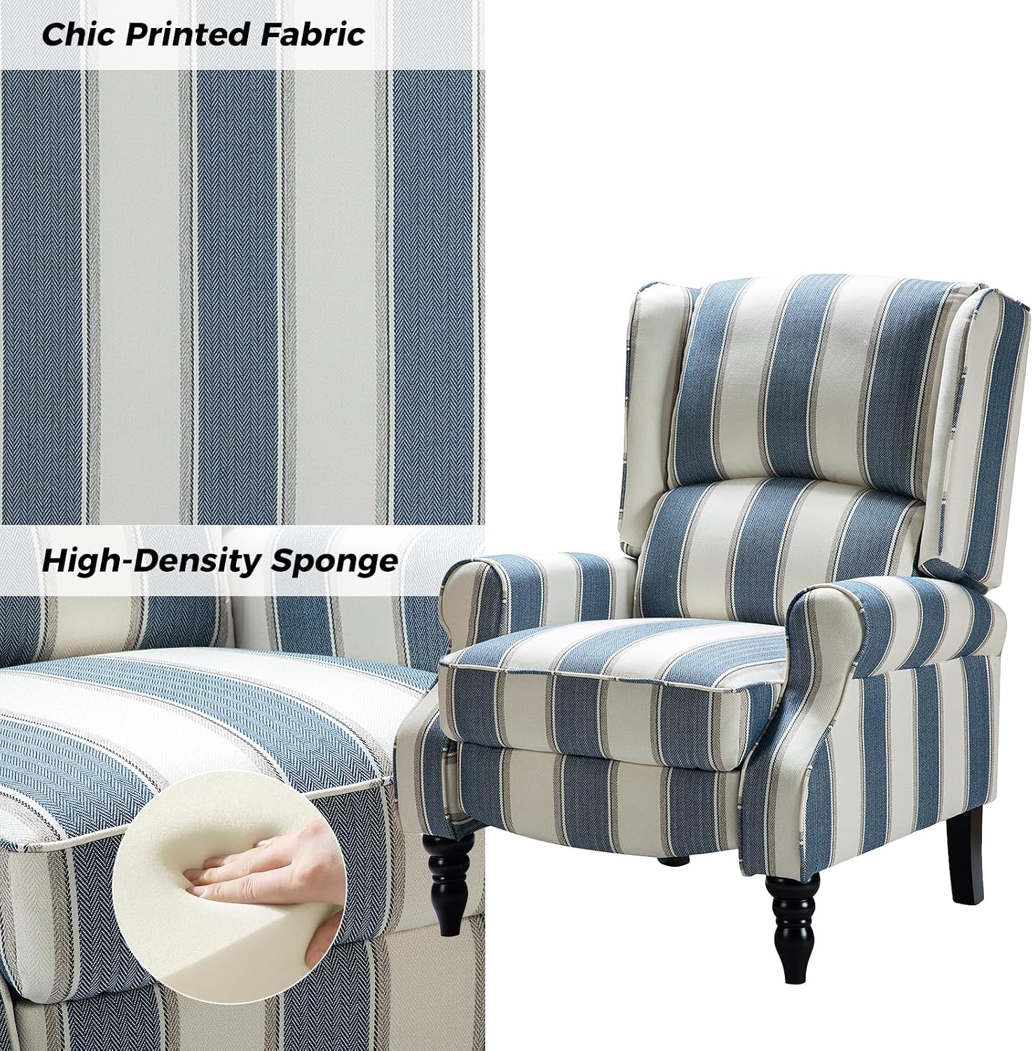 HULALA HOME Upholstered Wingback Recliner Chair Set of 2, Small Adjustable Footrest Push Back Single Reclining Sofa, Mid Century Modern Lounge Armchair for Living Room, Bedroom, Reading/Stripe Navy