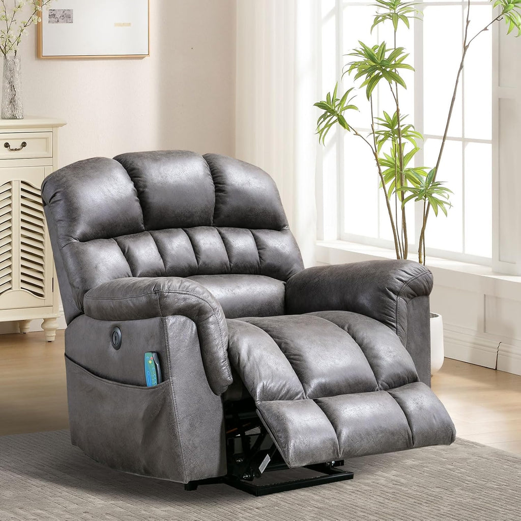 Bonzy Home Power Lift Chairs Recliner for Elderly, Electric Recliner Chair with Heat and Massage, 24' Wide Seat for Big People, Comfortable Backrest, Faux Leather, USB Charging Ports, Grey