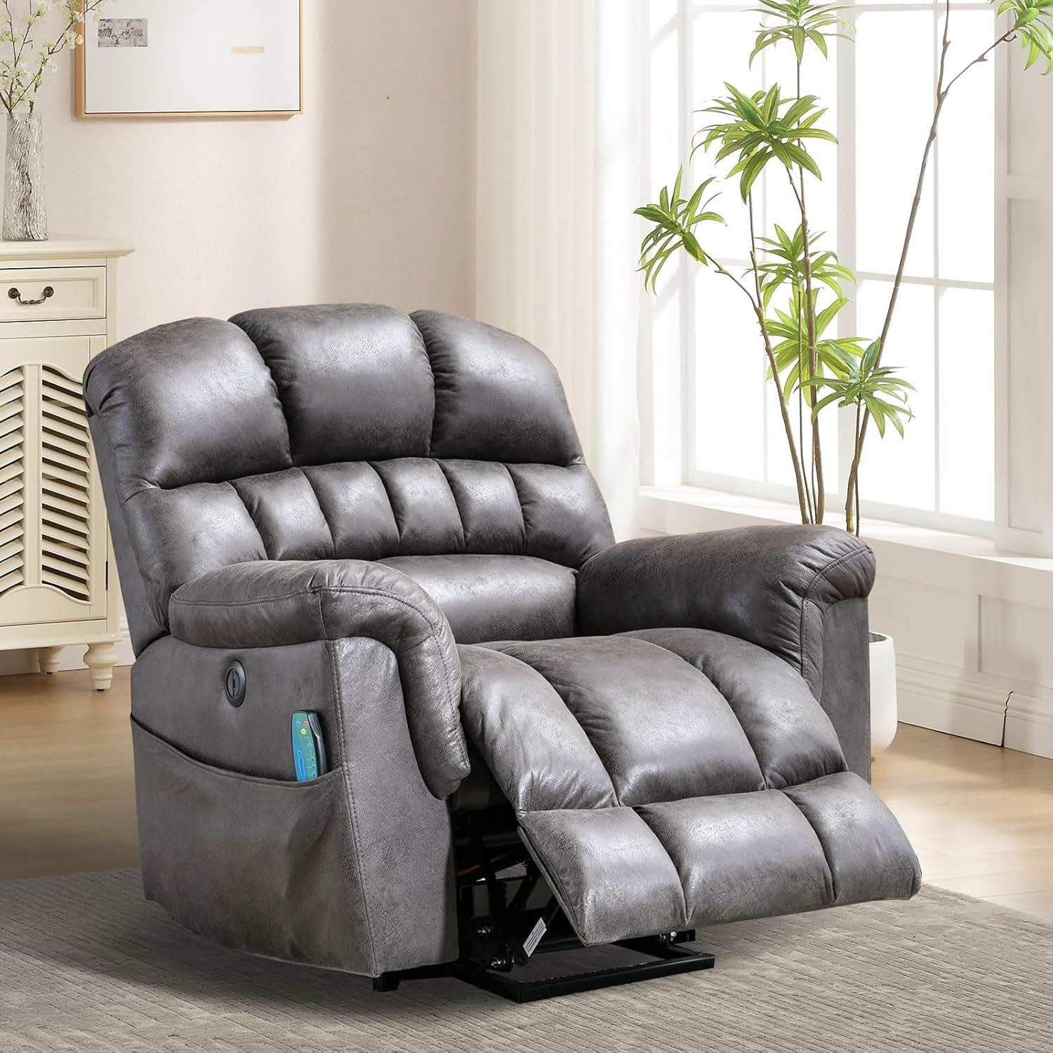 Bonzy Home Power Lift Chairs Recliner for Elderly, Electric Recliner Chair with Heat and Massage, 24' Wide Seat for Big People, Comfortable Backrest, Faux Leather, USB Charging Ports, Grey