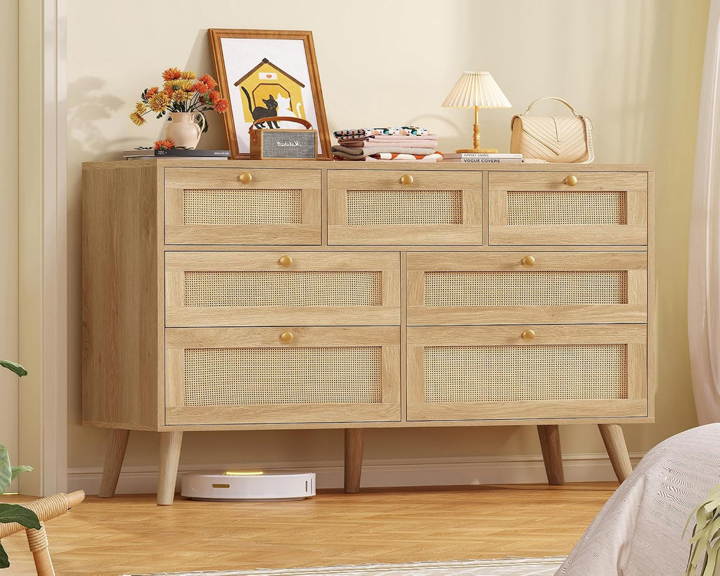 TEENFON Dresser for Bedroom, 47.2''Wide 7 Drawer Rattan Dresser, Wood Dressers TV Stand, Boho Dressers & Chests of Drawers for Bedroom, Entryway, Natural