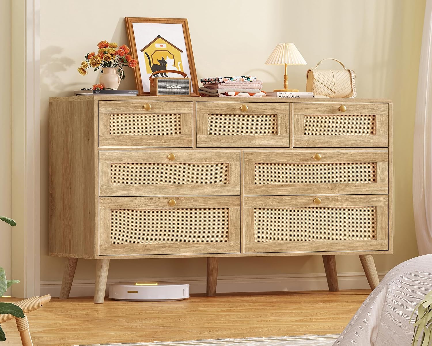 TEENFON Dresser for Bedroom, 47.2''Wide 7 Drawer Rattan Dresser, Wood Dressers TV Stand, Boho Dressers & Chests of Drawers for Bedroom, Entryway, Natural