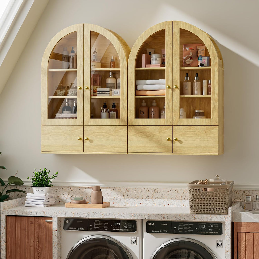 BREEZEHEAT Arched Medicine Cabinet Wall Mounted, Arched Bathroom Wall Cabinet with Glass Doors, Adjustable Shelf, Wall Over Toilet Cabinet for Bathroom, Kitchen, Laundry Room, Natural Oak