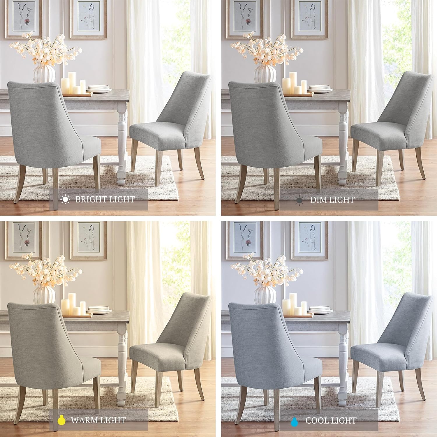 Martha Stewart Winfield Upholstered High Back Accent Dining Chairs Set of 2, Padded Seat, Solid Wood Legs, Chambray Jacquard Textured Fabric, Cottage, Farmhouse for Kitchen, Room, Light Grey
