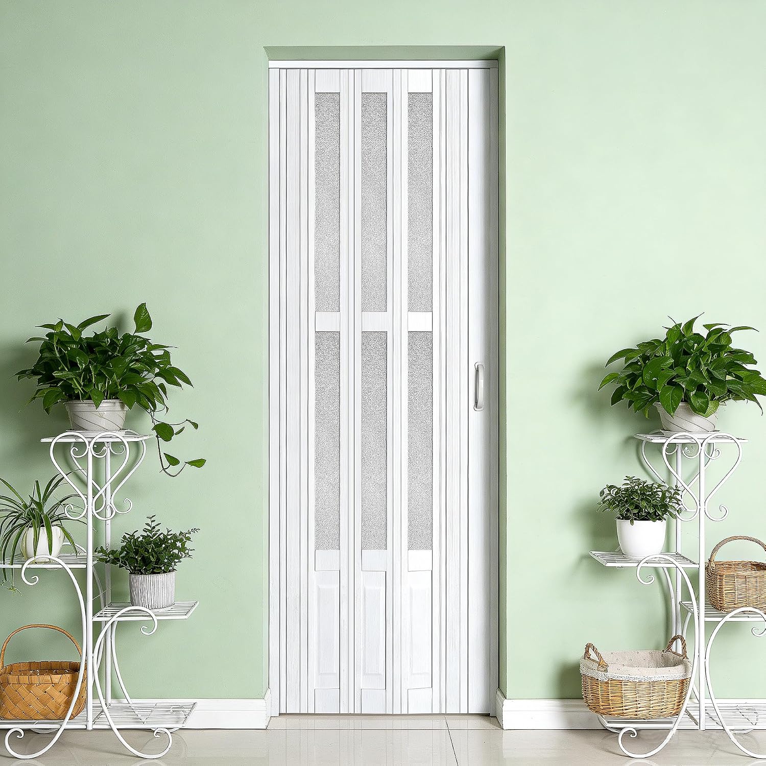 32X80in Accordion Doors Interior,White PVC Folding Door with Handle & Latch, for Closet & Kitchen,Complete Hardware Kit Easy to Install