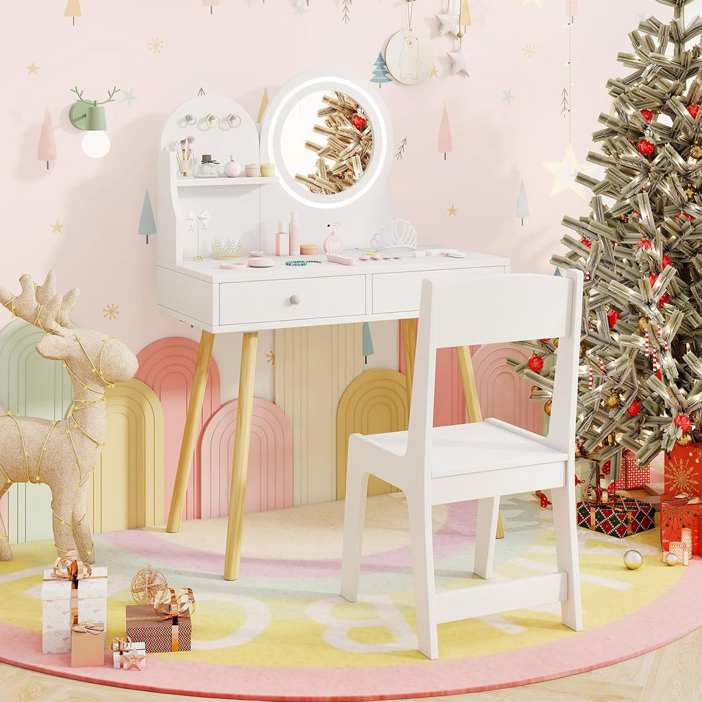 HONEY JOY Kids Vanity, Little Girls Vanity Set with Mirror and Stool and Lights, Drawers, Toddler Makeup Vanity Dressing Table, Wooden Pretend Play Kids Vanity Table and Chair Set (White)