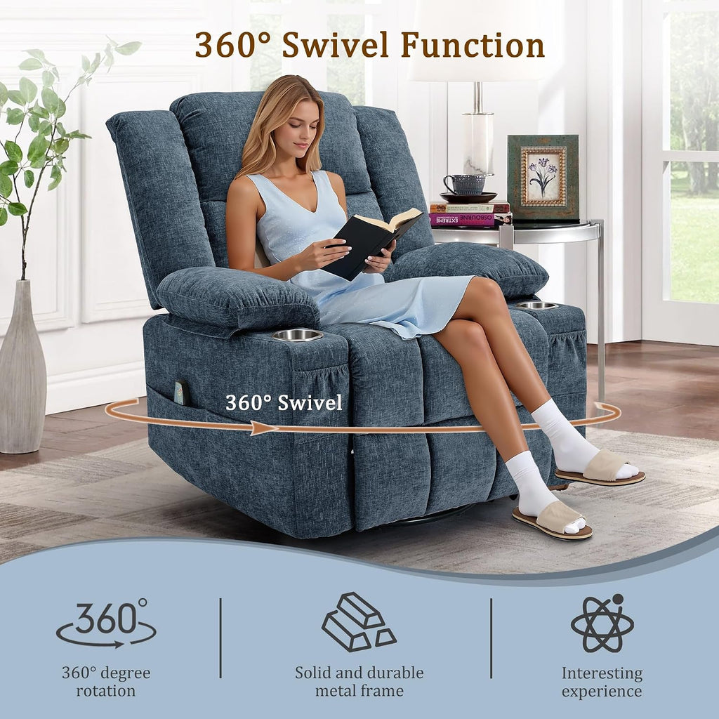 Korser 360° Swivel Rocker Recliner for Adult, Nursery Glider Recliners with Massage & Heating, Rocking Chair with Cup Holder, Manual Recliner Chair for Living Room, Bedroom (Blue)