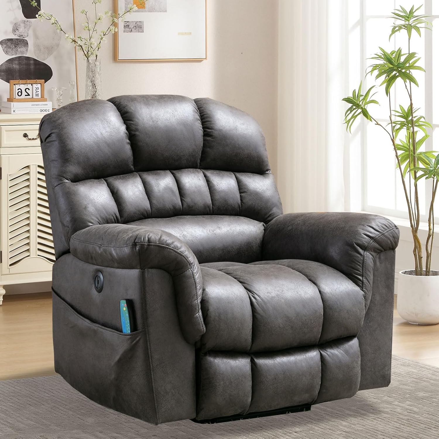 Bonzy Home Power Lift Chairs Recliner for Elderly, Electric Recliner Chair with Heat and Massage, 24' Wide Seat for Big People, Comfortable Backrest, Faux Leather, USB Charging Ports, Grey
