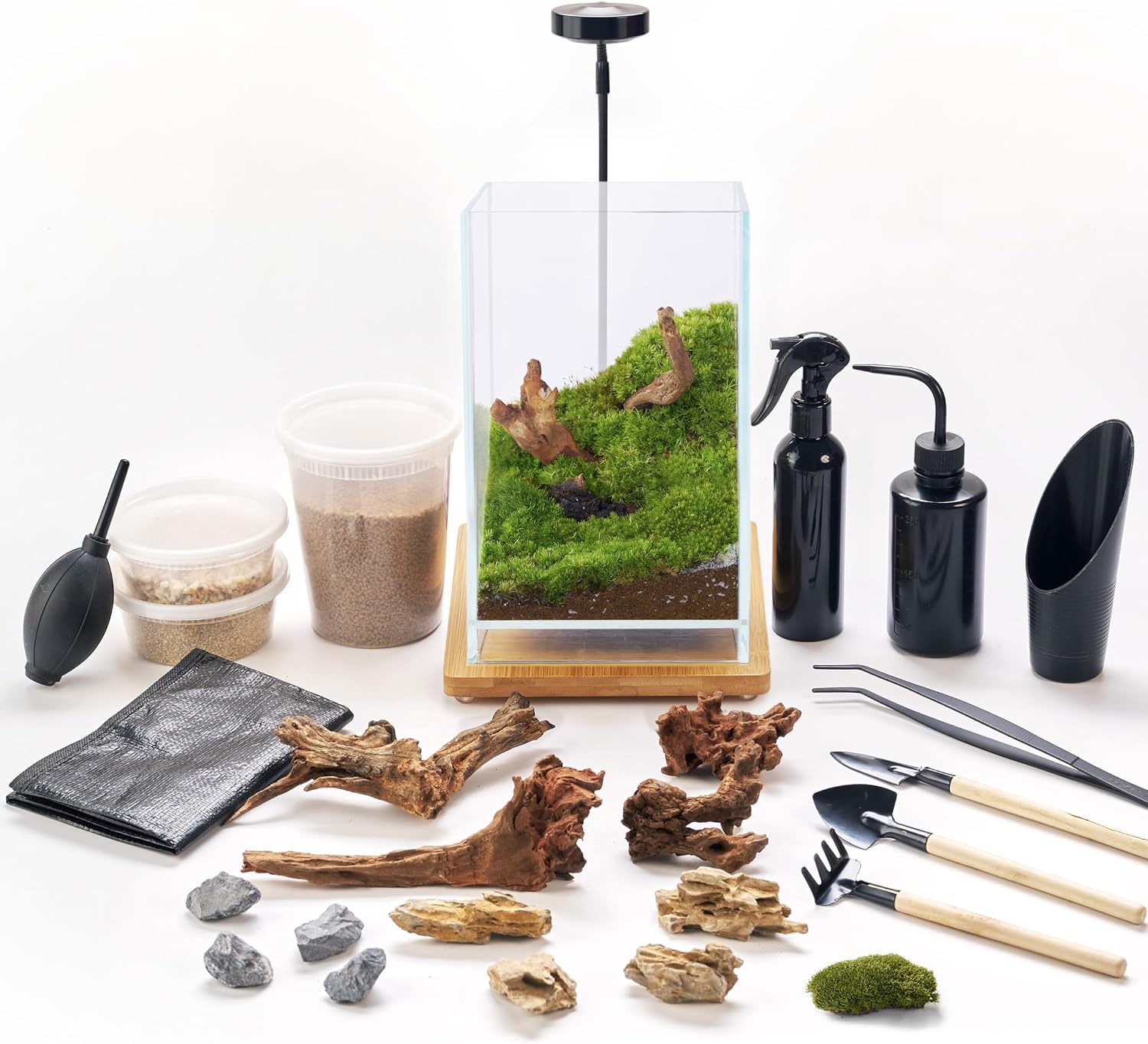 27 PCS Glass Plant Terrarium Kit with LED Grow Light– DIY Moss Terrarium Kit for Adults, Mini Garden Set for Succulent, Real Live Moss, and Air Plants – Home Office Decoration & Unique Gift fo Friend