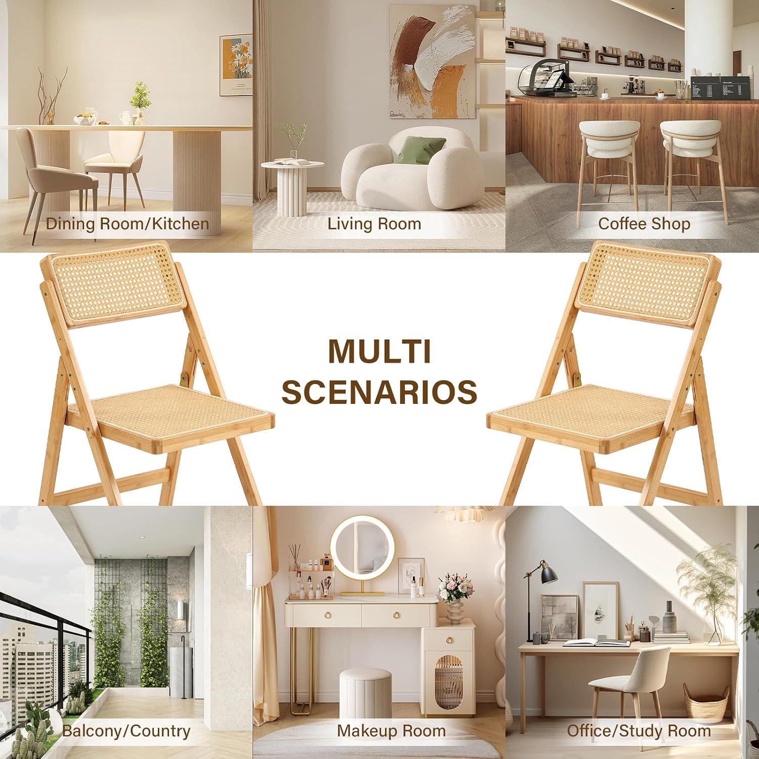 Furlide Rattan Folding Chairs, Modern Mid Century Dining Chairs Set of 2, Outdoor Bamboo Chair for Bedroom Living Room Reading Room Dining Kitchen, Wood