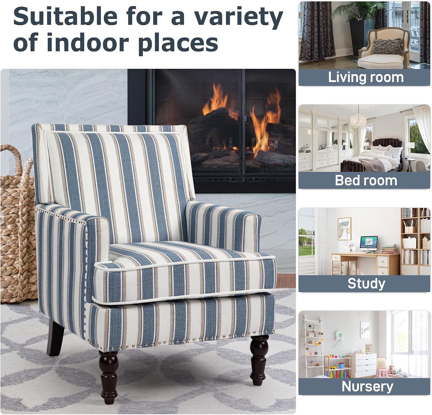 Accent Chair, Comfy Cozy Modern Mid-Century Accent Chairs, Linen Upholstered Lounge Arm Chair with Solid Wood Reading Side Padded Single for Living Room/Office/Balcony/Bedroom-Blue Stripe
