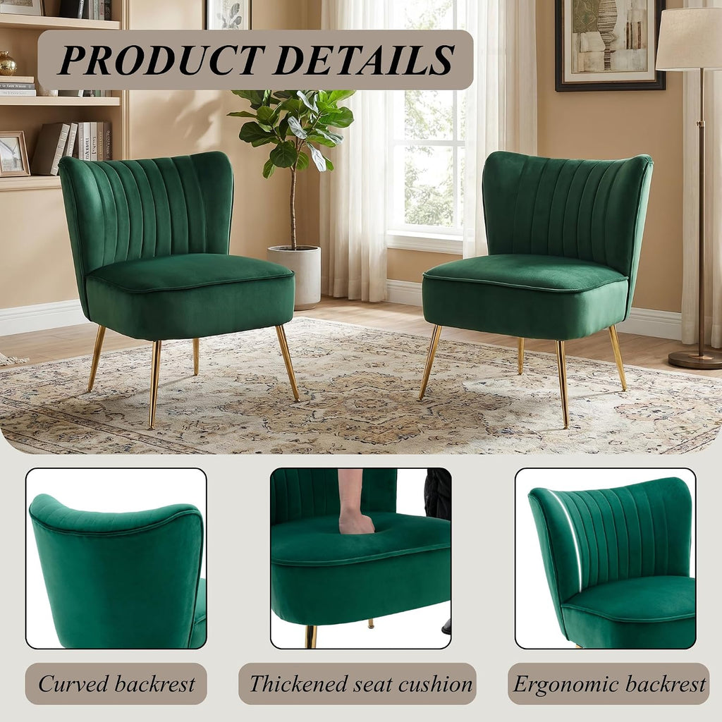 Velvet Accent Chair Set of 2 Comfy Living Room Chairs with Golden Legs Wingback for Bedroom Guest Room, Green