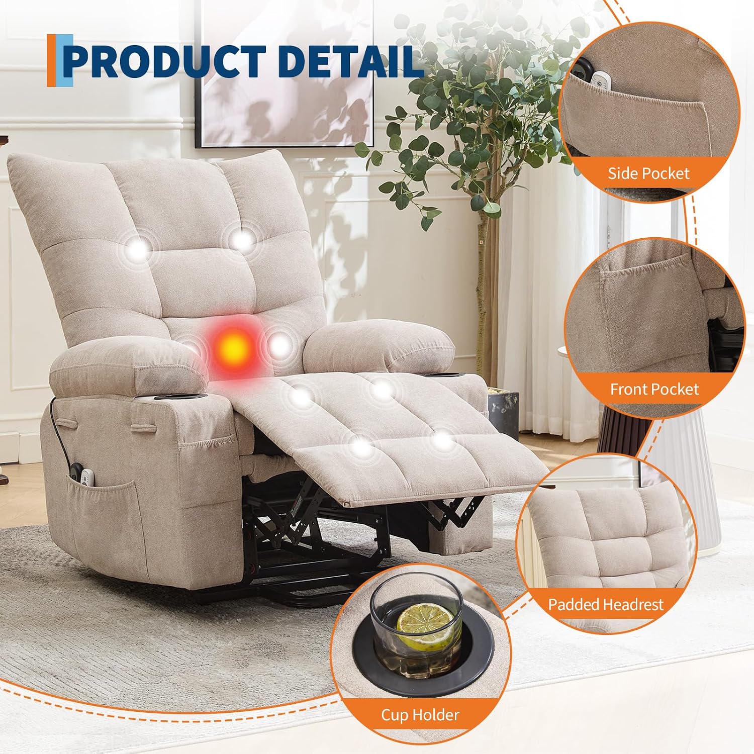 Power Lift Recliner Chair for Elderly - Electric Massage & Heat Recliner with 45° Assist Stand, Living Room Sofa for Small Space Furniture, Swivel Rocker with Cup Holders, Reclining Lounge for Adults