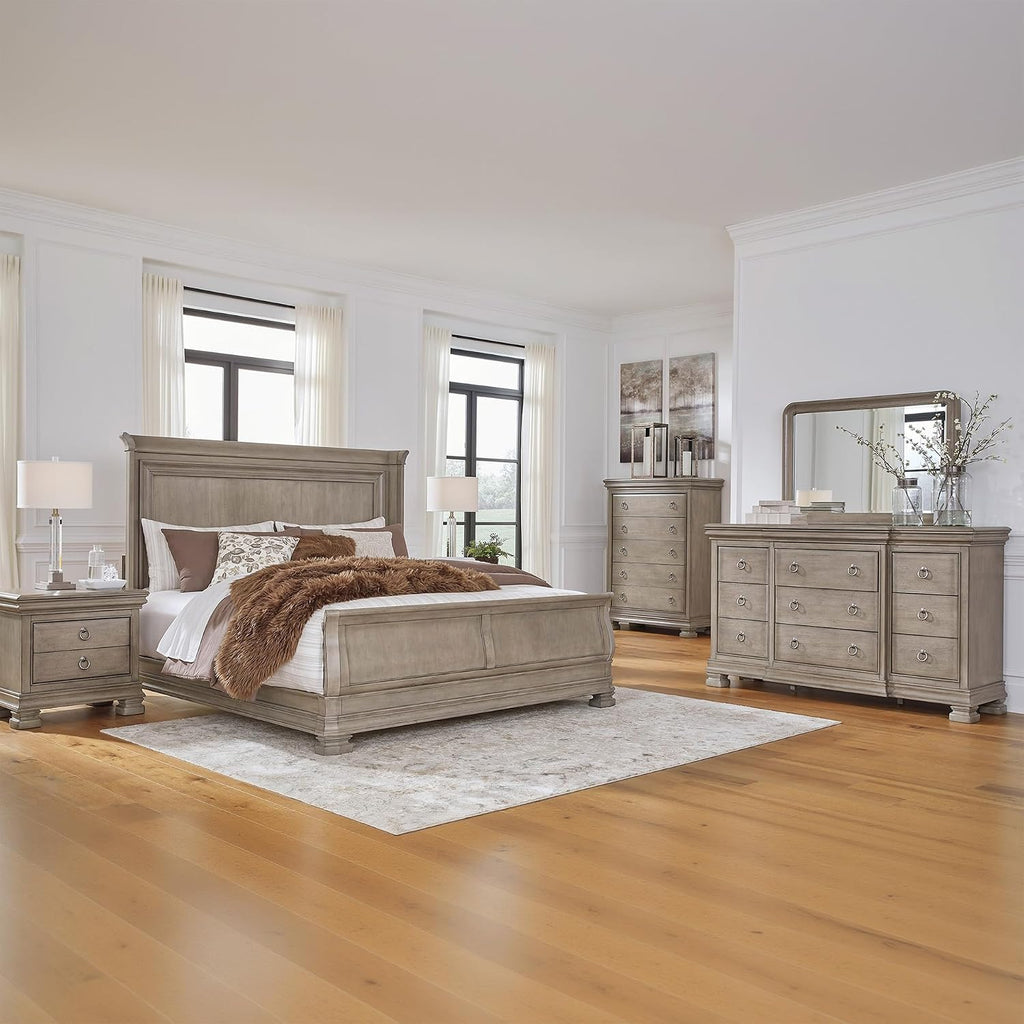 Signature Design by Ashley Lexorne Traditional King Sleigh Bed, Foundation or Box Spring Needed, Light Gray