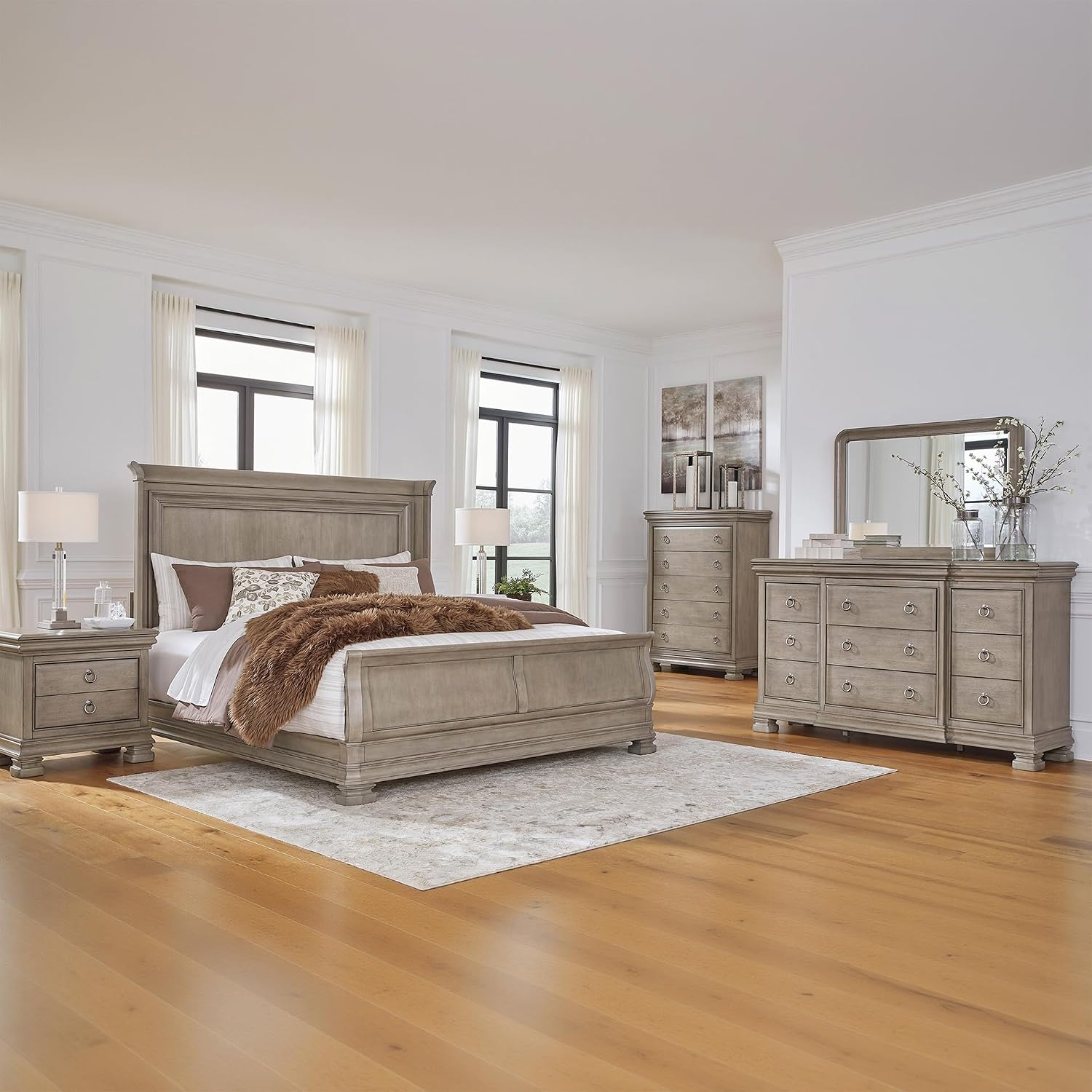Signature Design by Ashley Lexorne Traditional King Sleigh Bed, Foundation or Box Spring Needed, Light Gray