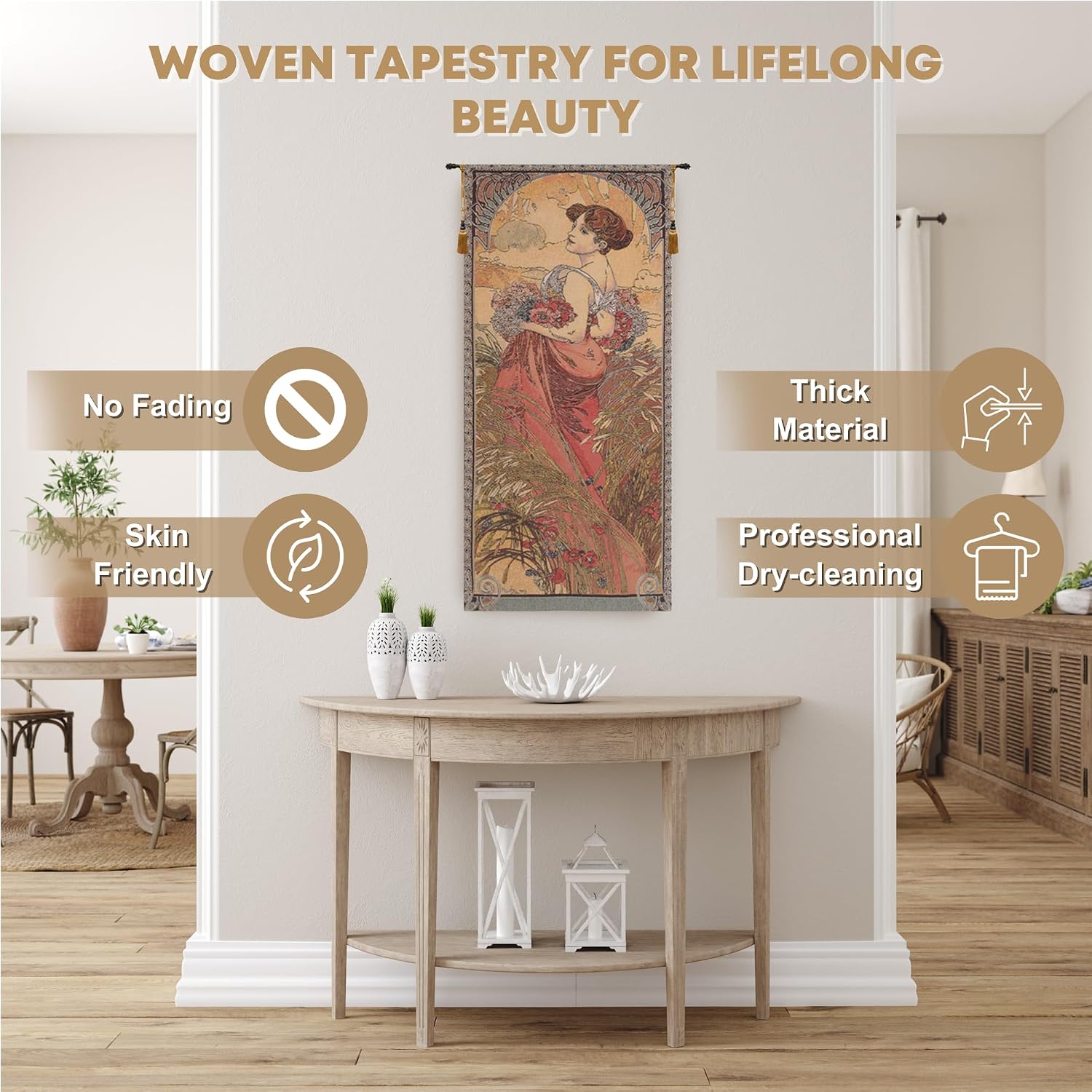 Charlotte Home Furnishings Inc - Mucha Summer Belgian Premium Tapestry Wall Hanging | 39x18 in Viscose Polyester Blend Boho Vintage Woven Wall Tapestry for Home & Wall Art by Alphonse Mucha