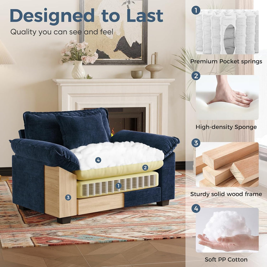 HUSFU 49.5'' W Oversized Accent Chair, Chenille Cloud Sofa Chair with Deep Seat and Extra Wide Armrests, Comfy Reading Armchair for Bedroom, Living Room, Blue