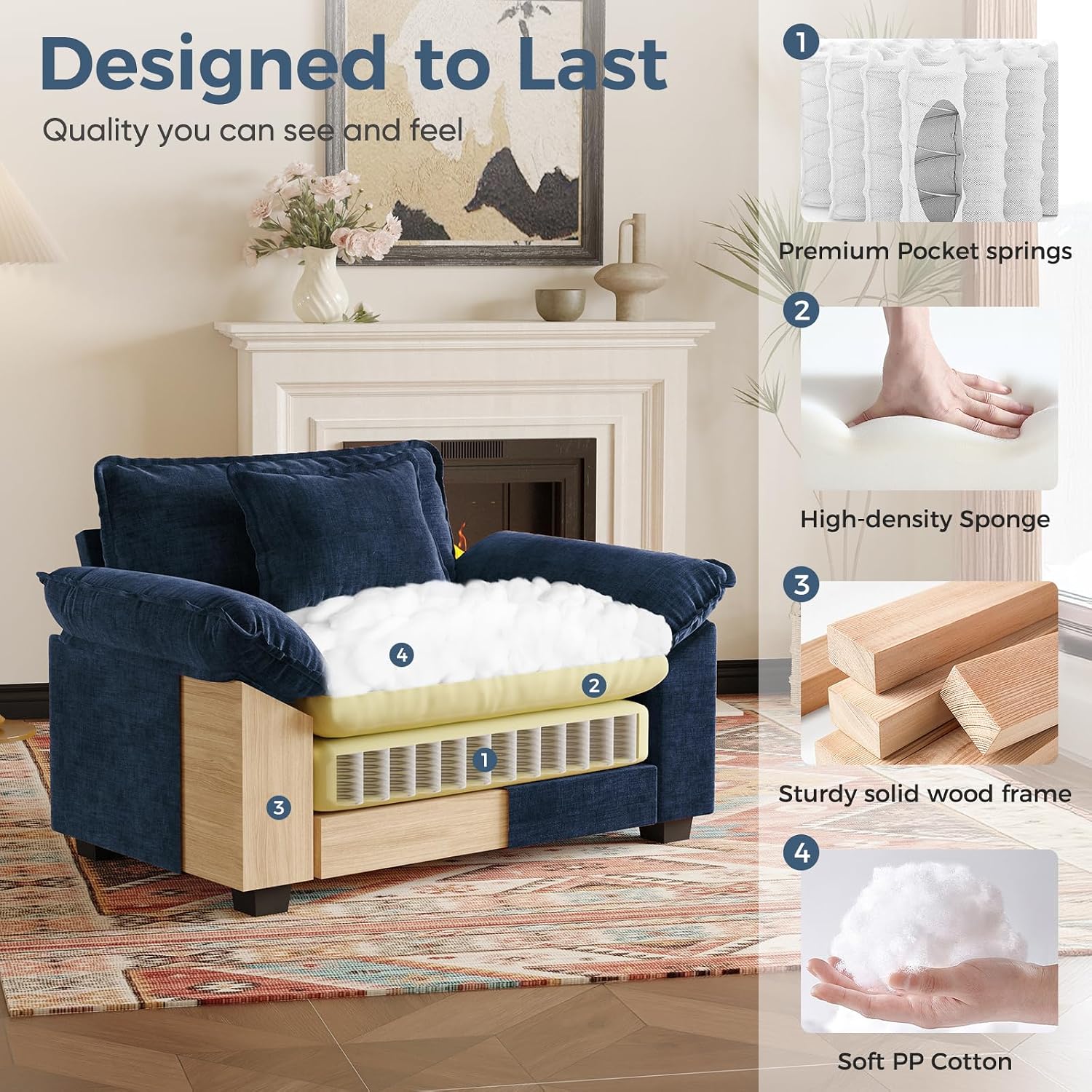 HUSFU 49.5'' W Oversized Accent Chair, Chenille Cloud Sofa Chair with Deep Seat and Extra Wide Armrests, Comfy Reading Armchair for Bedroom, Living Room, Blue