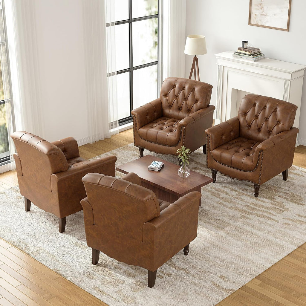 Lumibee Faux Leather Accent Chairs Set of 4, Upholstered Armchairs with Nailhead Trims & Wood Legs for Living Room, Bedroom, Contemporary Comfy Club Chairs for Office-Brown