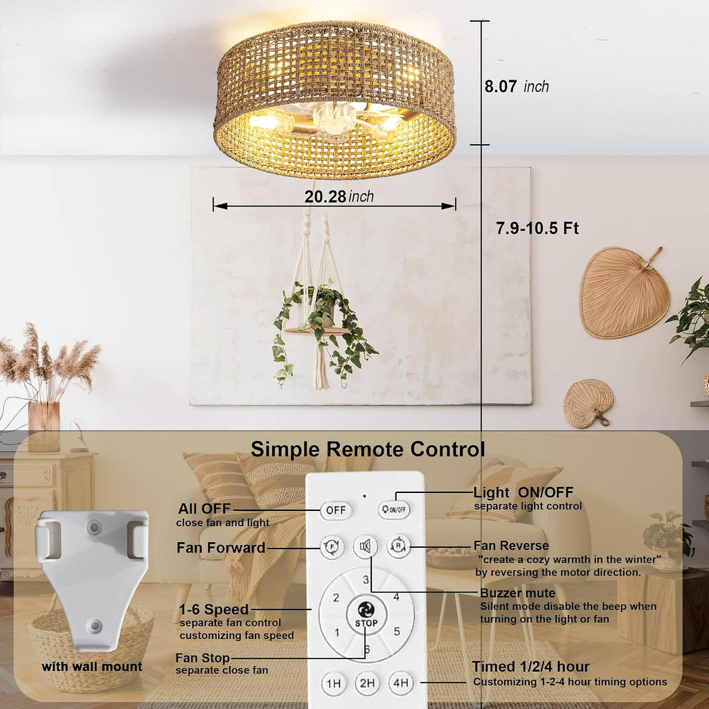 Fandelier Ceiling Fan with Light, 20 Inch Rattan Fans 。Remote Control ，Boho Caged，Handwoven，Flush Mount Low Profile 6 Speeds for Bedroom, Living Room,Dining Room.Yoga Room