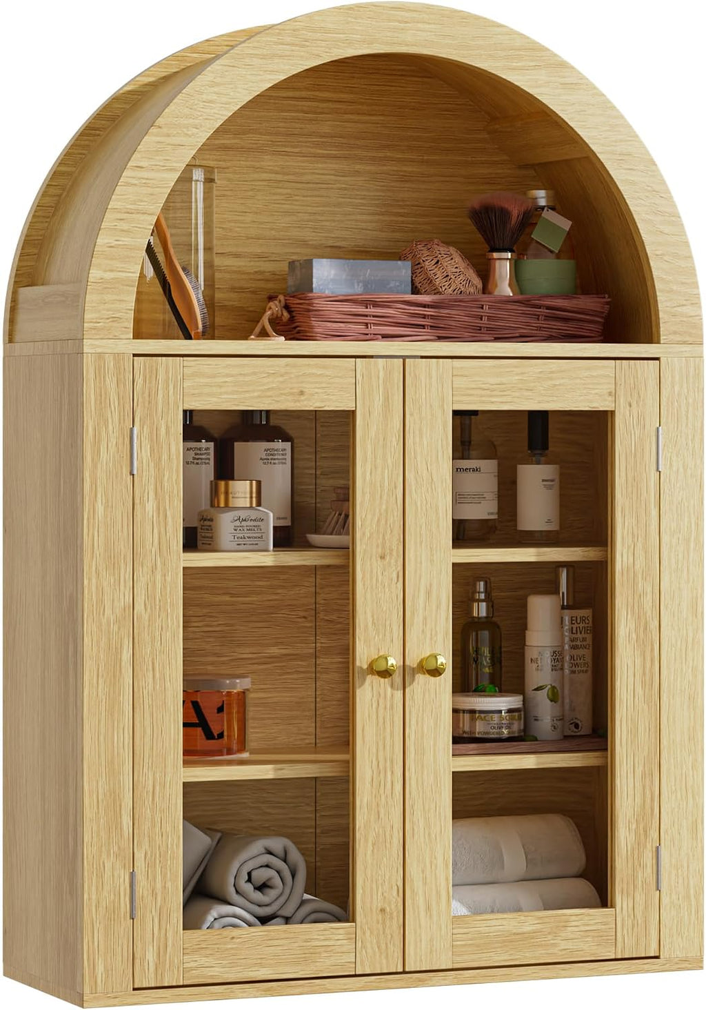 BREEZEHEAT Arched Medicine Cabinet with Glass Doors, Adjustable Shelf, Wall Mounted Bathroom Storage Cabinet Over Toilet, Natural Oak Wood Grain, 23.6''W × 31.5''H