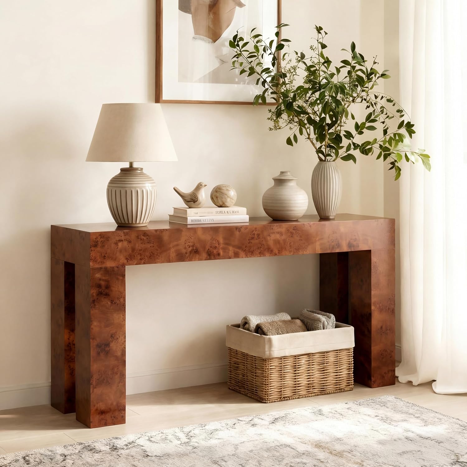 Christopher Knight Home Burla Modern Console Table, Wooden Entryway Table with Block Leg Design, Behind The Couch Long Sofa Table for Living Room, Brown
