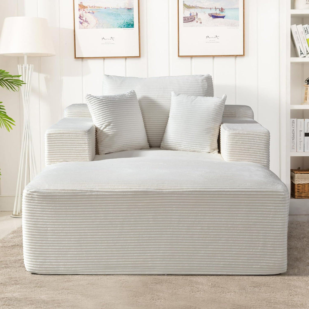 Container Furniture Direct Dawson Convertible Chaise Lounge Chair Indoor – Oversized Corduroy Couch with Wide Armrest & Throw Pillows, Cozy Boneless Sleeper Sofa Bed Armchair, Beige