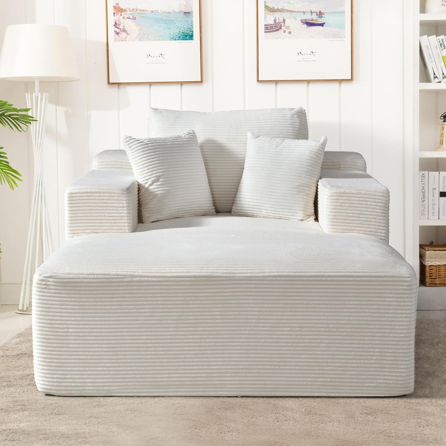 Container Furniture Direct Dawson Convertible Chaise Lounge Chair Indoor – Oversized Corduroy Couch with Wide Armrest & Throw Pillows, Cozy Boneless Sleeper Sofa Bed Armchair, Beige