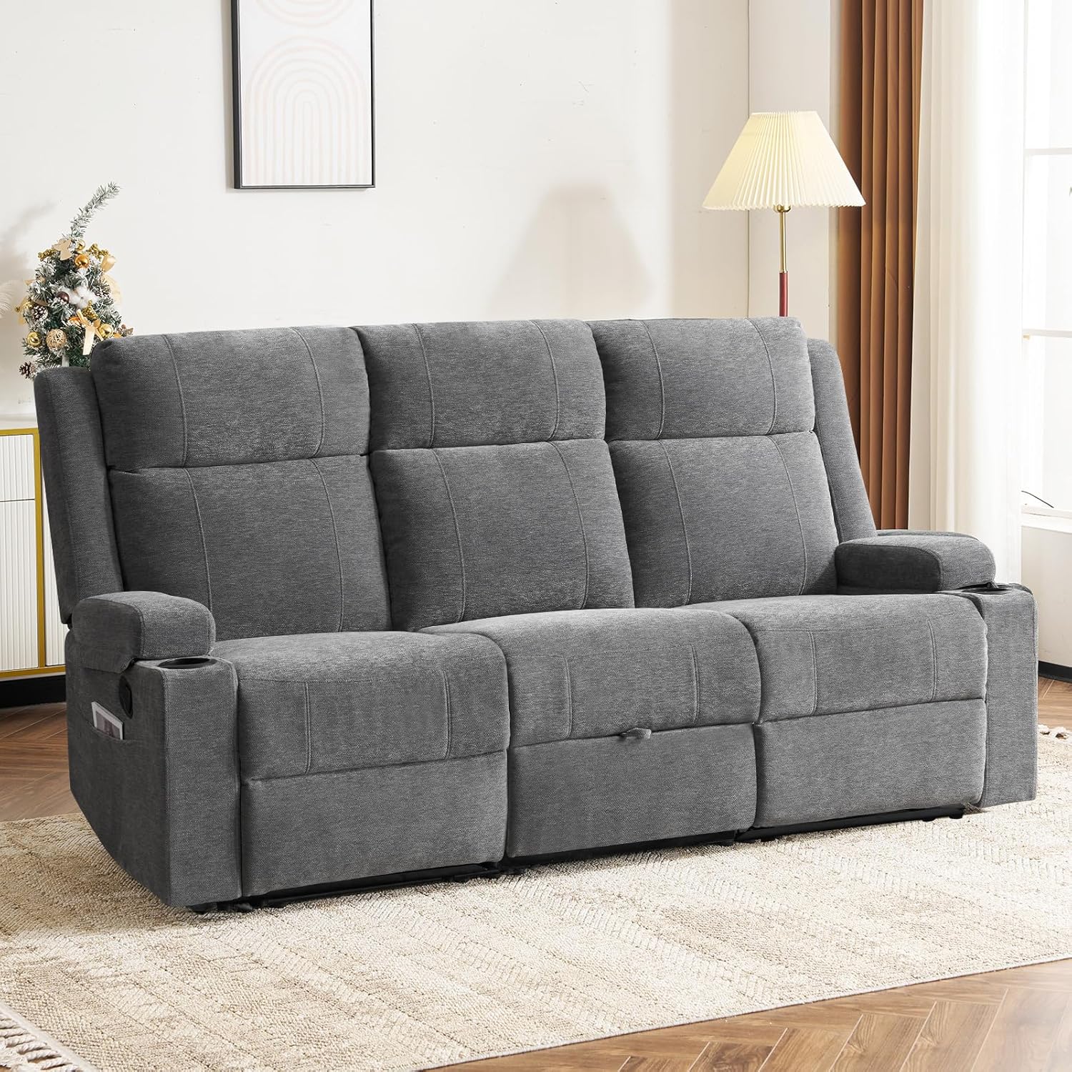 Loveseat Recliner Sofa,RV Loveseat Reclining Couch with Drop Down Table/ 4 Cup Holder/Hidden Storage, Wall Hugger Recliner Sofa for Living Room & Home Theater & RV