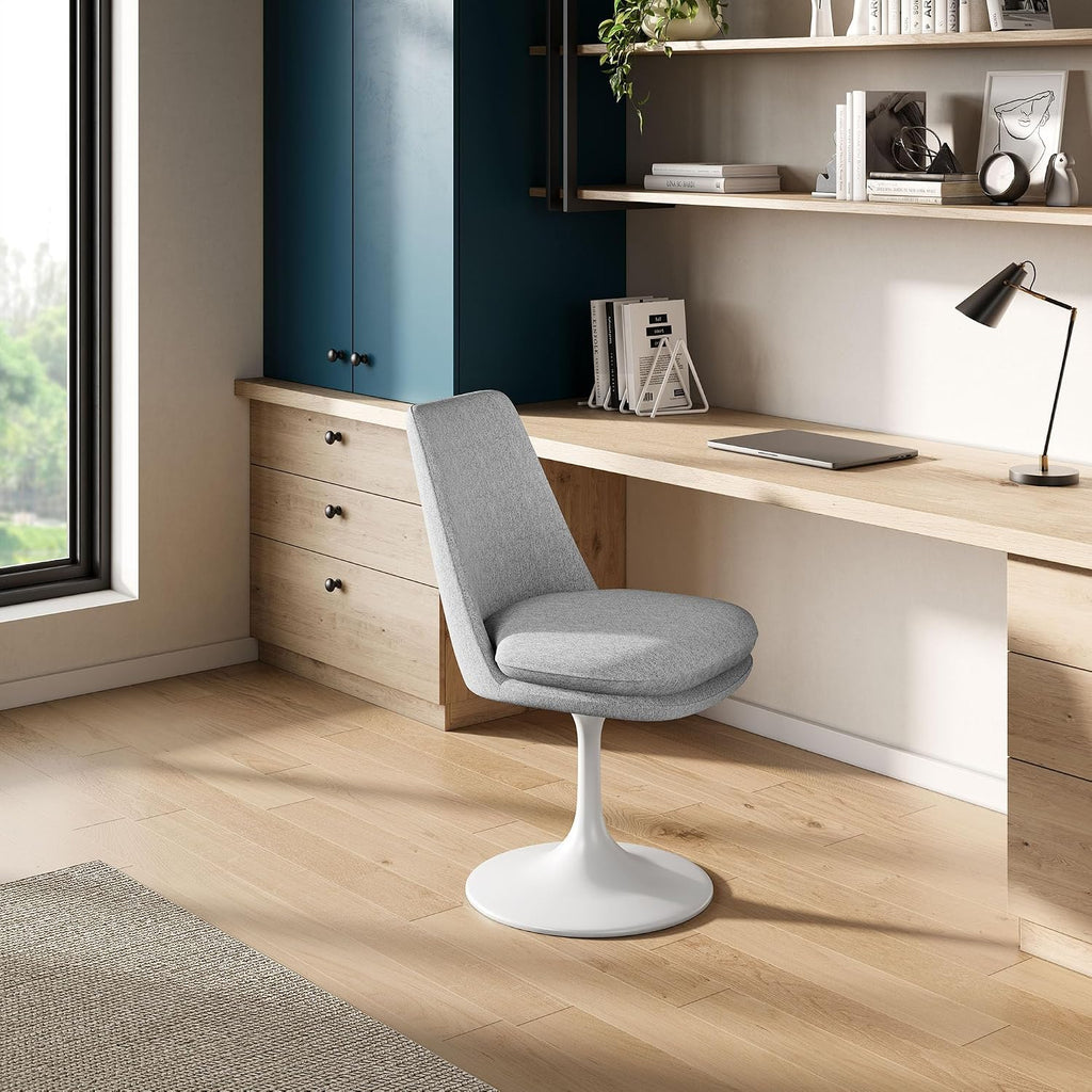 Modway Lippa Upholstered Swivel Dining Side Chair in White Light Gray - Armless Woven Heathered Fabric Accent Chair with Pedestal Base - 360° Office Desk Rotating Chair with No Wheels