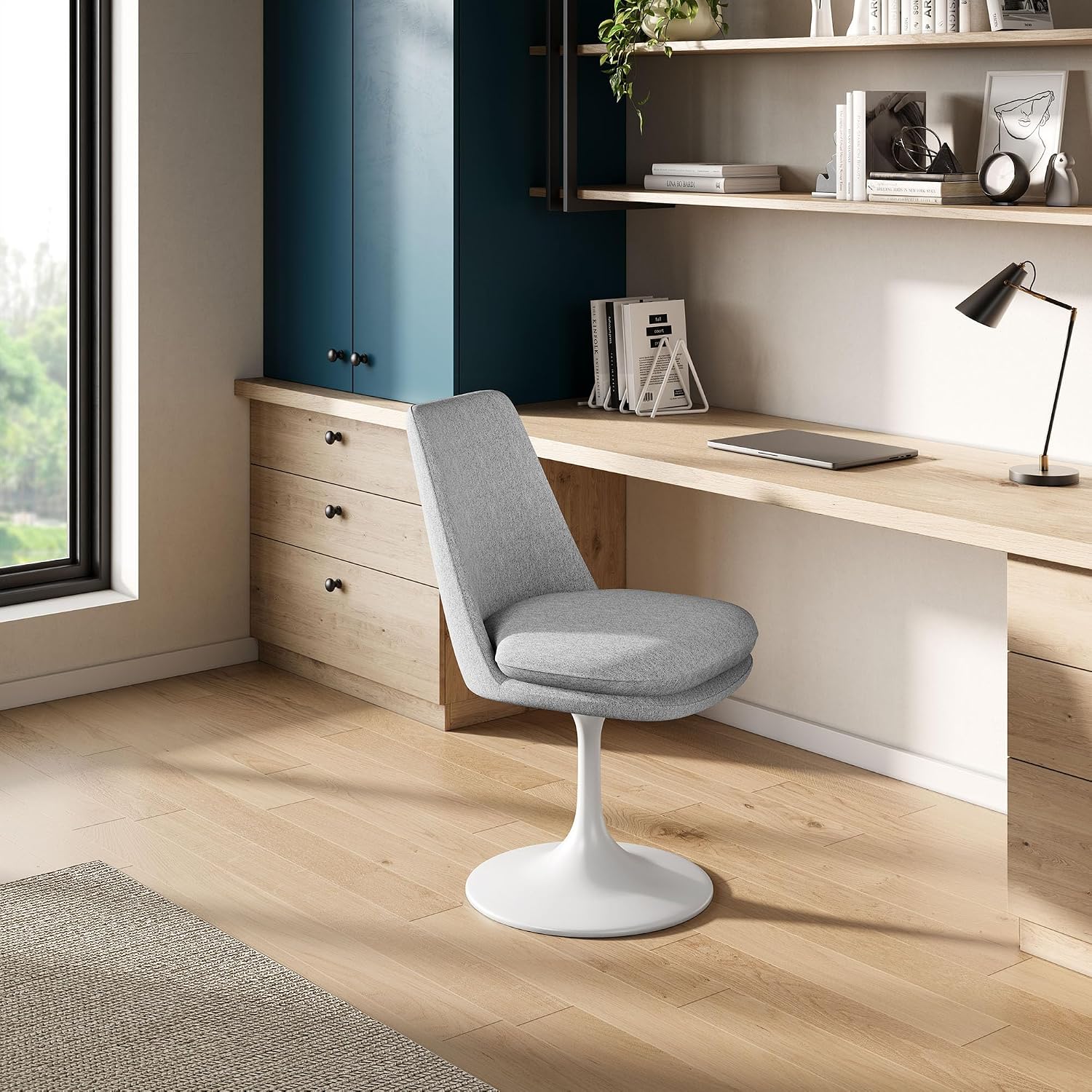 Modway Lippa Upholstered Swivel Dining Side Chair in White Light Gray - Armless Woven Heathered Fabric Accent Chair with Pedestal Base - 360° Office Desk Rotating Chair with No Wheels