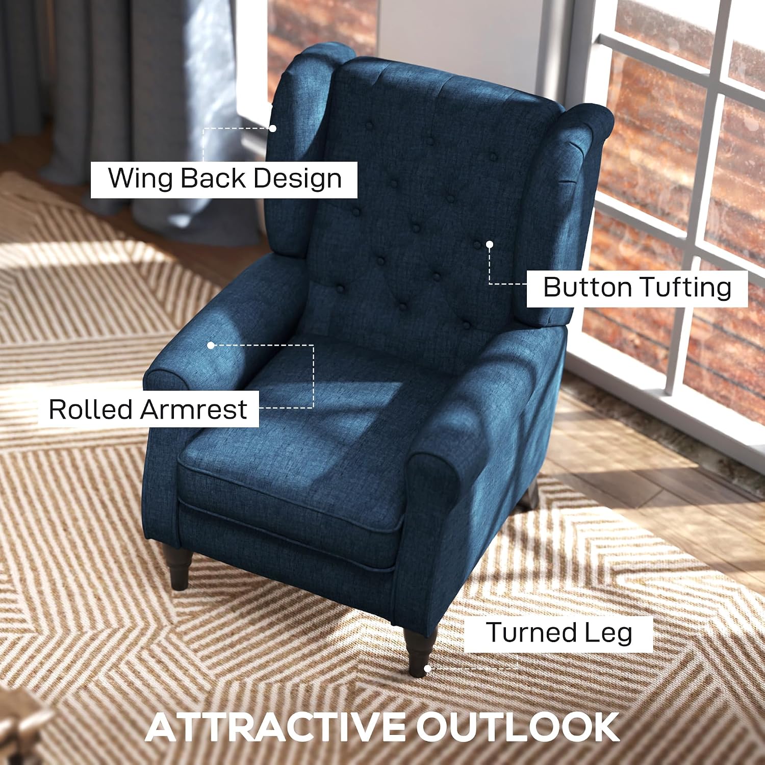 HOMCOM Mid-Century Modern Accent Chair, High Wingback Reading Chair, Button-Tufted Upholstered Fabric Armchair with Retro Wood Legs for Apartment, Living Room, Bedroom, Blue