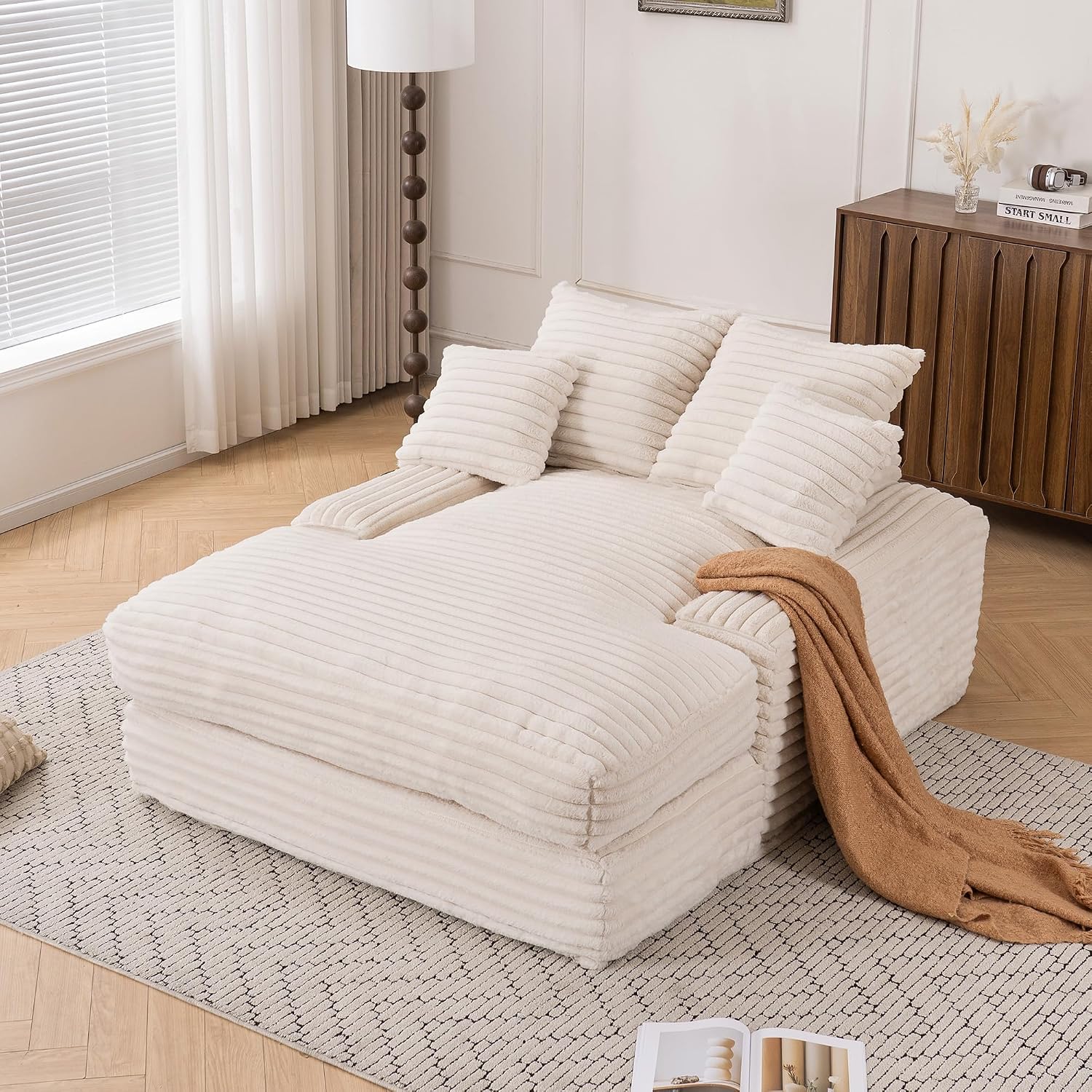 KEIKI 53.94'' Luxury Corduroy Convertible Chaise Lounge Chair with 4 Pillows, Ultra-Soft Sofa Bed, No Assembly Required, Ergonomic Recliner for Living Room, Apartment & Small Spaces, Beige