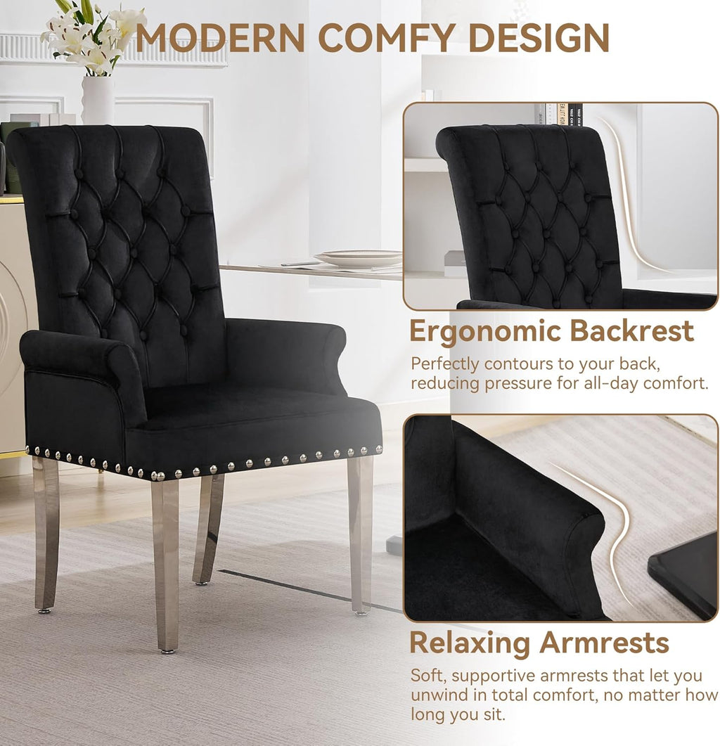 WUTUTUEE Velvet Dining Chair with Arms, Upholstered Tufted High Back Dining Room Chairs, Accent Armchair with Chrome Leg and Nailhead Trim, Kitchen Dining Living Room, Black