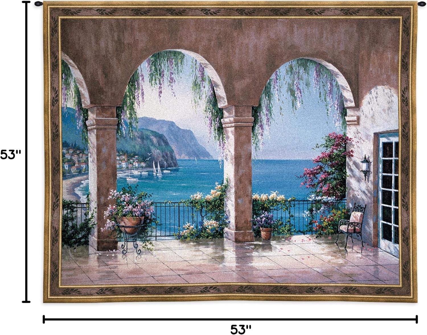 Mediterranean Arch | Woven Tapestry Wall Art Hanging | Floral Seaside Ocean View | 100% Cotton USA Size 53x42