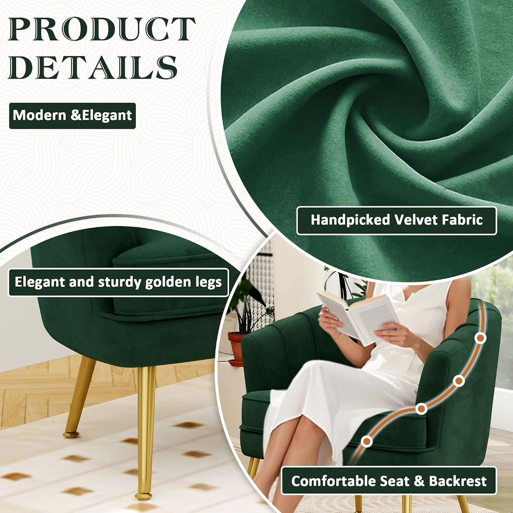 Andeworld Velvet Accent Chair Set of 2, Upholstered Modern Single Sofa Side Chair,Comfy Barrel Club Living Room Armchair with Golden Metal Legs for Bedroom Living Reading Room Office, Green