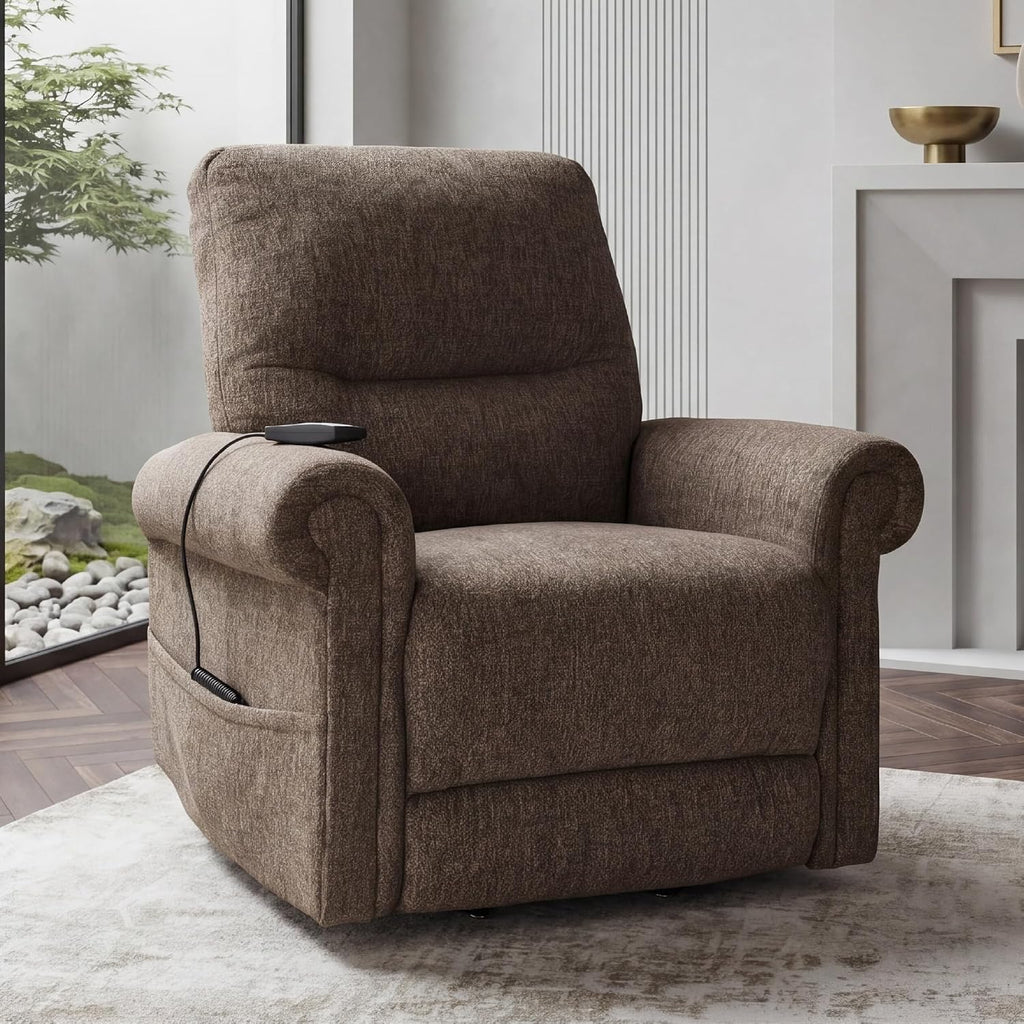 Signature Design by Ashley Aureta Classic Stain Resistant Power Lift Recliner with Side Pocket, Heat and Massage, Dark Brown