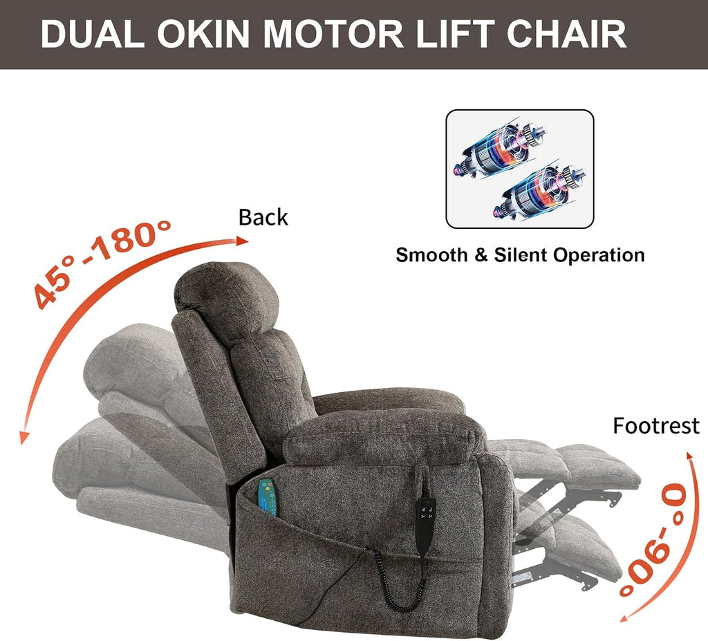 Oversized Lift Recliner Chair for Big and Tall Elderly, 26' Extra Wide Seat Power Lift Recliners with Heat and Massage, Dual Motor Electric Lay Flat Living Room Sofa with Lumbar Pillow