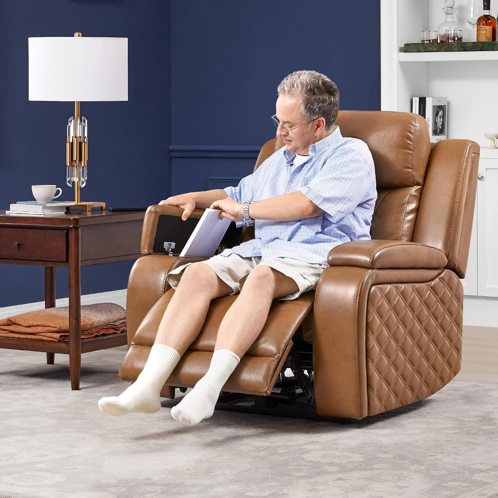 Watson & Whitely Genuine Leather Power Recliner Chairs for Adults, Zero Gravity Recliner with Power Headrest & Hidden Storage, Electric Reclining Sofa Chair for Living Room, Home Office, Saddle Brown