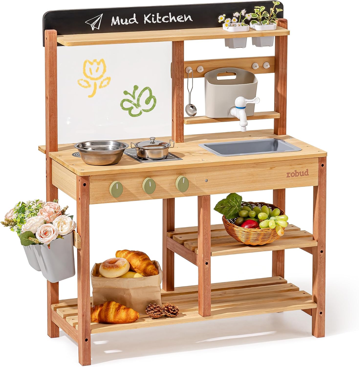 Robud Mud Kitchen, Wooden Outdoor Kitchen for Kids, Pretend Play Set with Sink, Faucet, Planting Pots, Cooking Accessories, Ideal Gift for Boys Girls Ages 3+