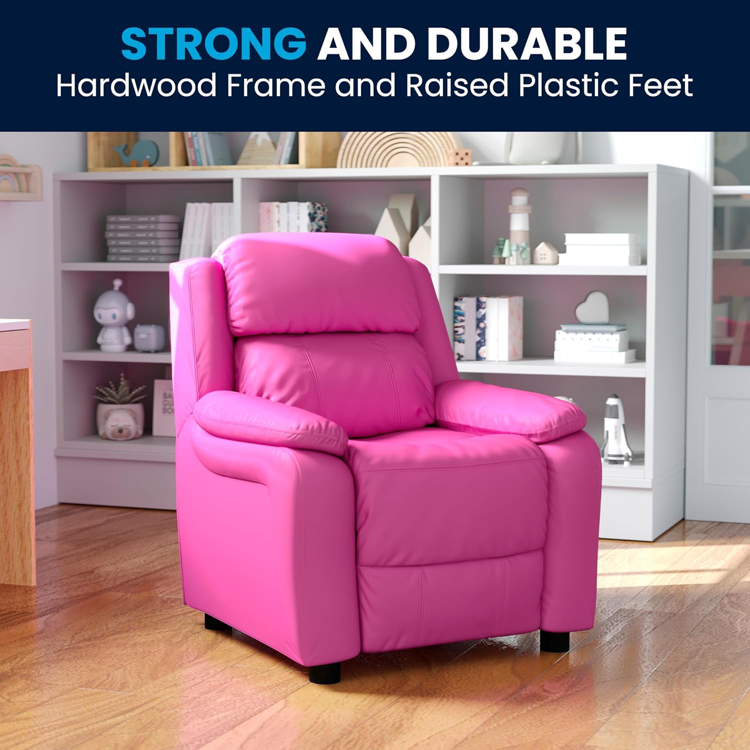 Flash Furniture Charlie Vinyl Kids Recliner with Flip-Up Storage Arms and Safety Recline, Contemporary Reclining Chair for Kids, Supports up to 90 lbs., Hot Pink