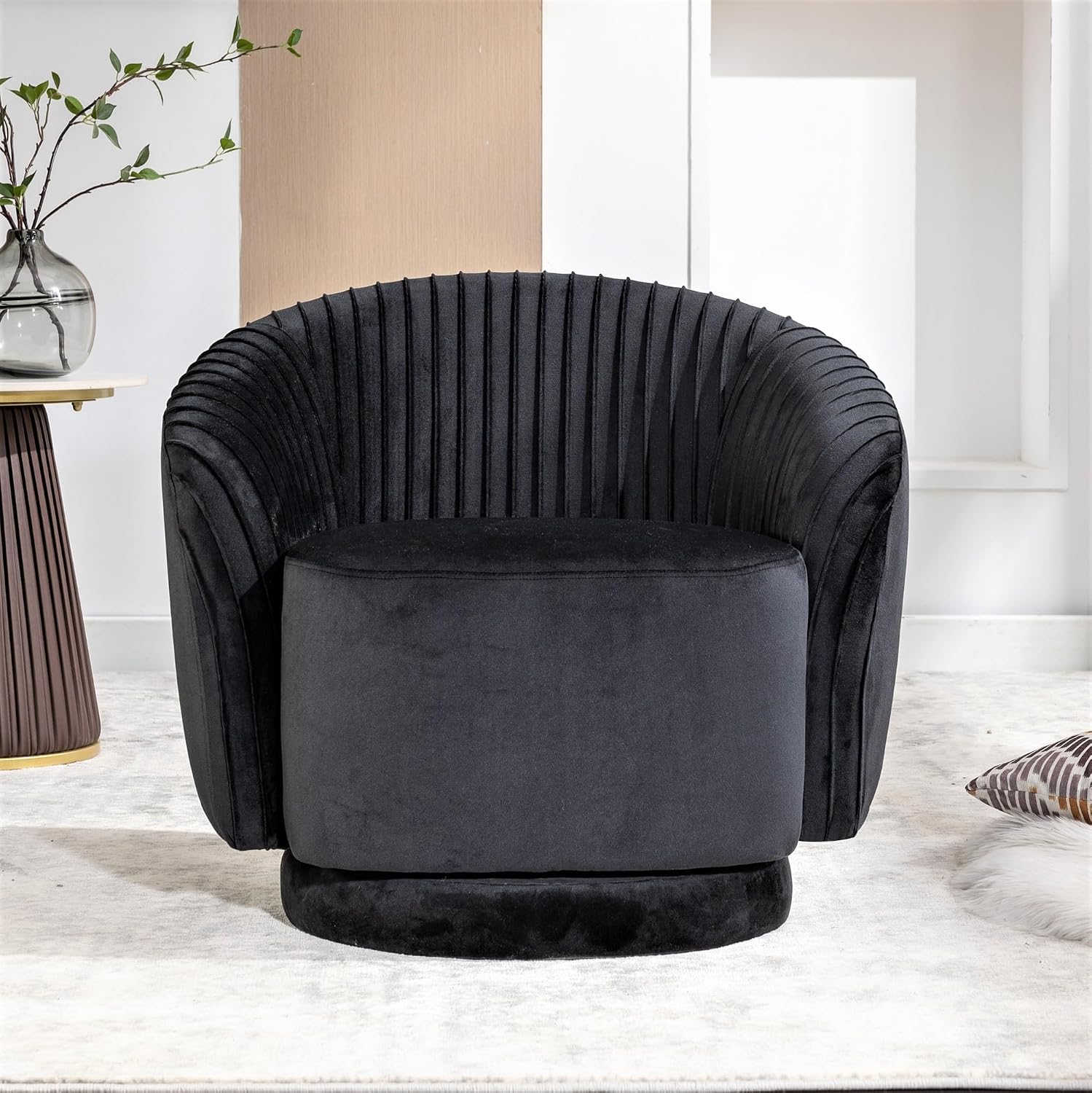 Container Furniture Direct Modern Barrel Swivel Chair with Plush Velvet Upholstery and Smooth 360° Rotation, Round Accent One-Seater Sofa for Living Room, Bedroom, and Office, Black
