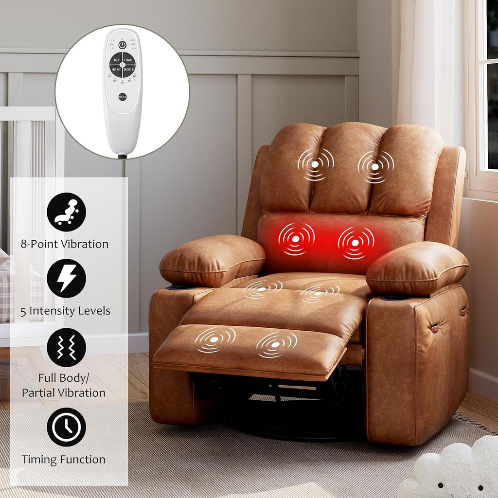 IDEALHOUSE Power Recliner Chair with Massage and Heat, Leather Fabric Reclining Sofa Chair, 360° Swivel Recliner Chairs with Cup Holder for Living Room, Bedroom, Nursery, Retro Brown