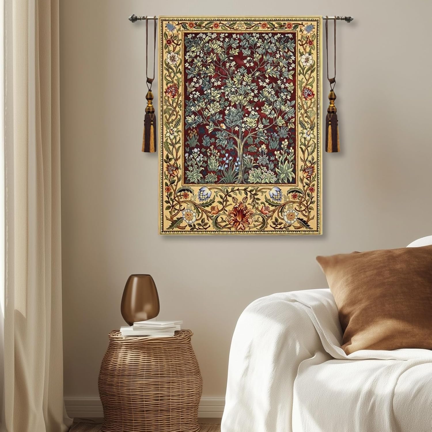 ORIMONY William Morris Tree of Life Tapestry Wall Hanging, Medieval Vintage Woven Jacquard Tapestry for Room Aesthetic (Retro, Red, 35L x 27W)